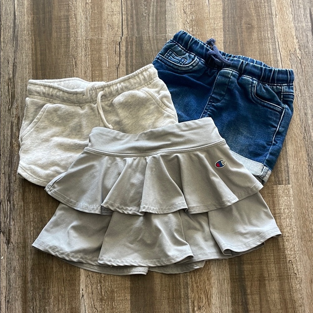 Champion Gray Athletic Skirt w/ shorts, gray Old Navy shorts, blue Cat & Jack 3T